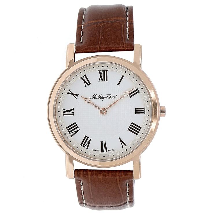 Mathey Tissot Men's City Metallic Silver Dial, Rose Bezel, Brown Leather
Strap Watch
