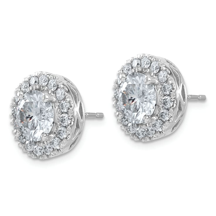 Rhodium Over 14K White Gold Round Halo G H I True Light Moissanite Earrings