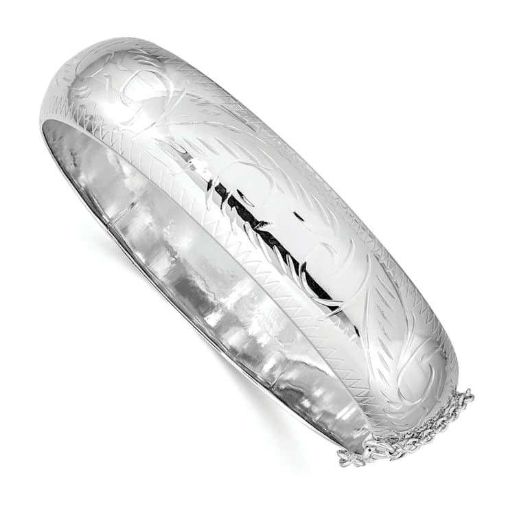 Rhodium Over Sterling Silver Diamond-cut 15mm Fancy Hinged Bangle Bracelet