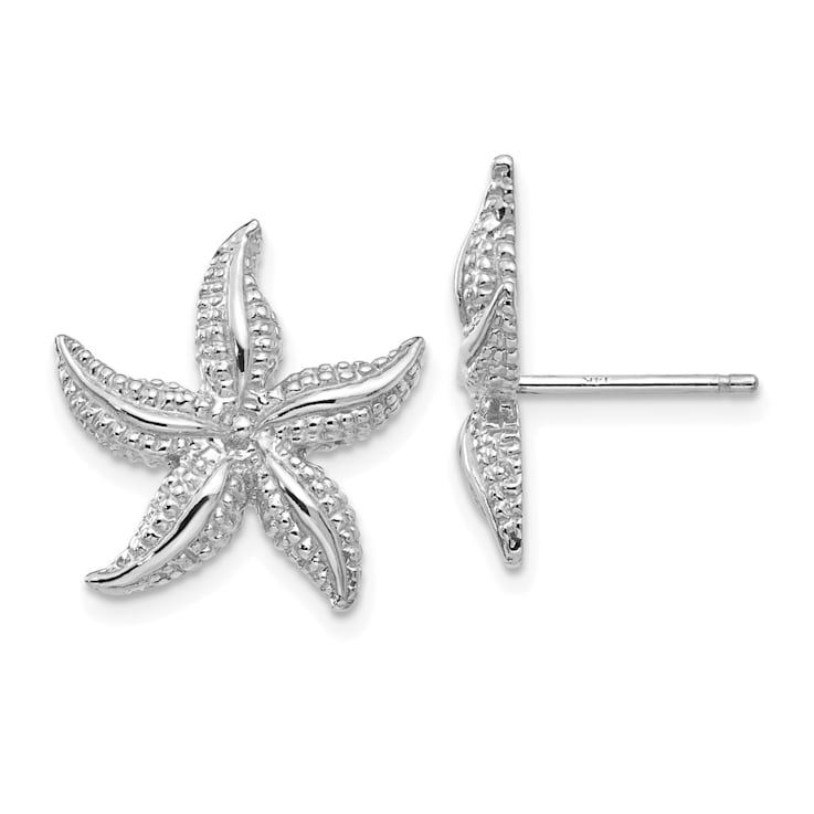 Rhodium Over 14k White Gold Textured 16.6mm Starfish Stud Earrings