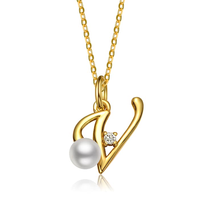 Initial V Paperclip Link And Pearl Simulant Pendant Necklace In 14K Gold
Over Brass