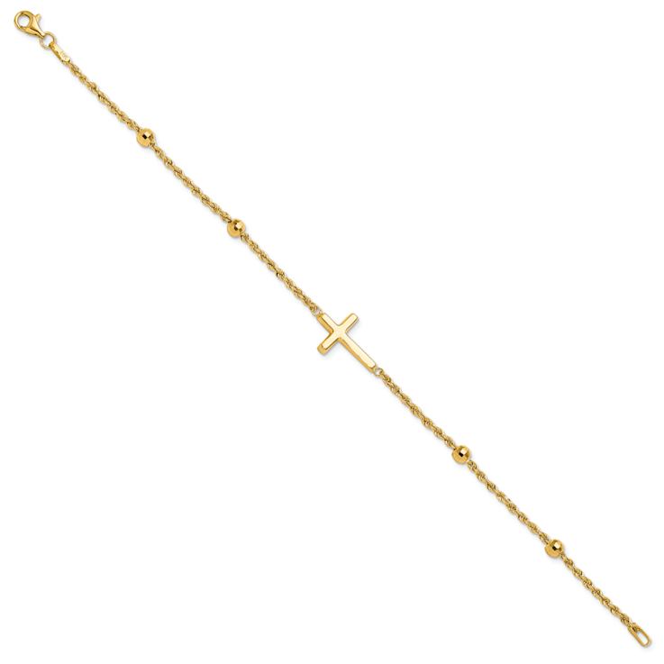 14k Yellow Gold Diamond-Cut Beaded Cross Bracelet