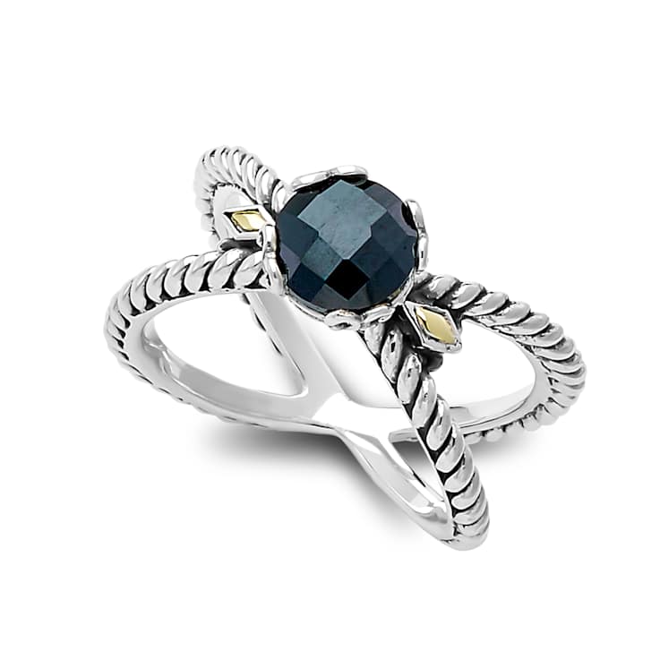 Black Spinel X-Design Ring In Sterling Silver With 18K Gold Accents