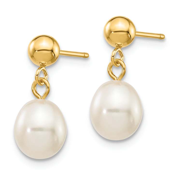 10k Yellow Gold 6-7mm White Rice Freshwater Cultured Pearl Dangle Earrings