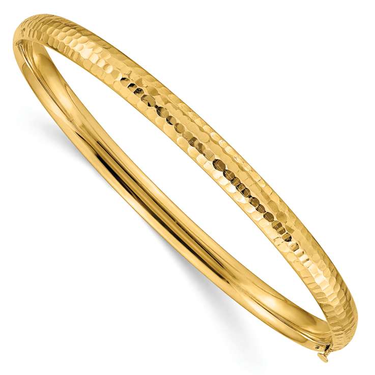 10k Yellow Gold 4.75mm Diamond-Cut Fancy Hammered Hinged Bangle Bracelet