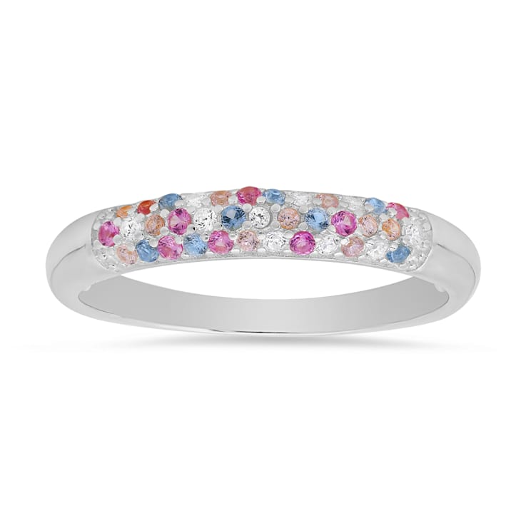 Pink, Blue, And White Cubic Zirconia Rhodium Over Sterling Silver Ring 0.21ctw