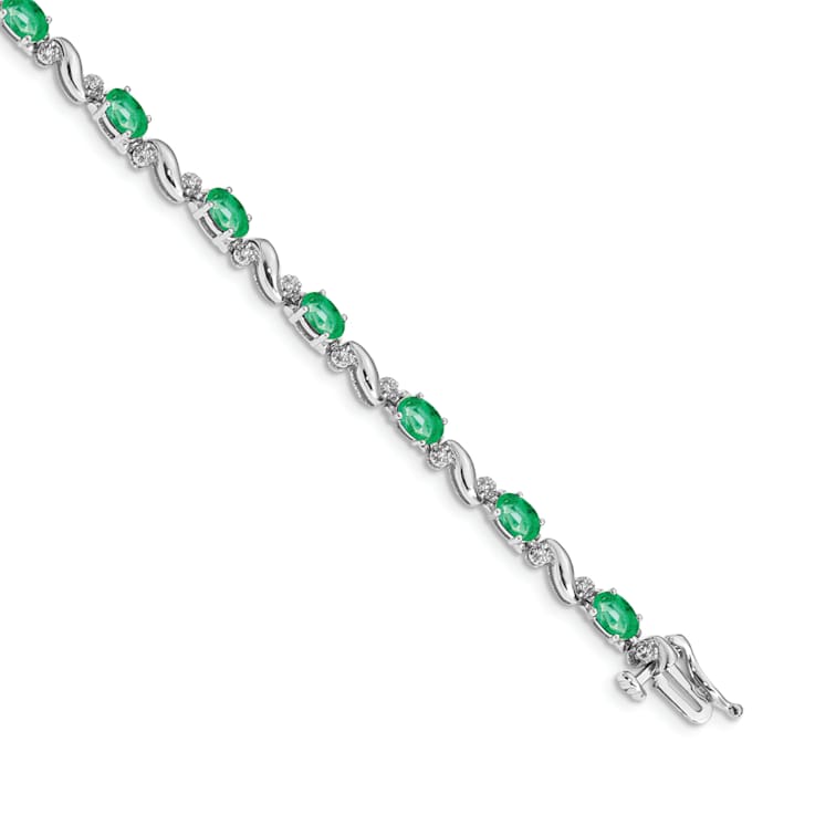 Rhodium Over 14k White Gold Diamond and Emerald Bracelet