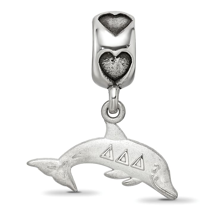 Rhodium Over Sterling Silver LogoArt Delta Delta Delta Dolphin on Heart Bead