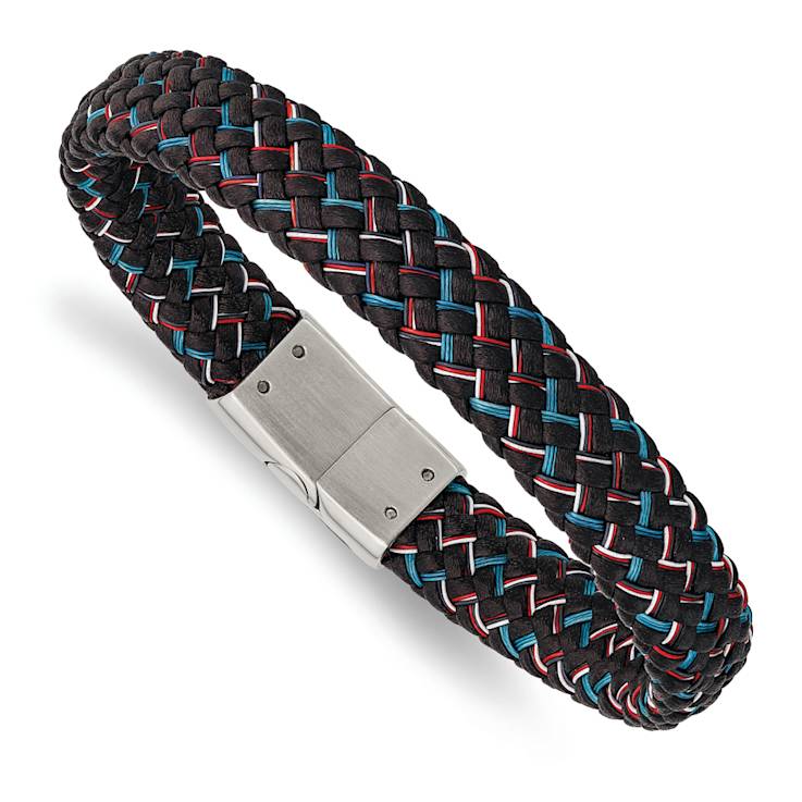 Stainless Steel Polished Black Leather with Multi-color Wire 8.25-inch Bracelet