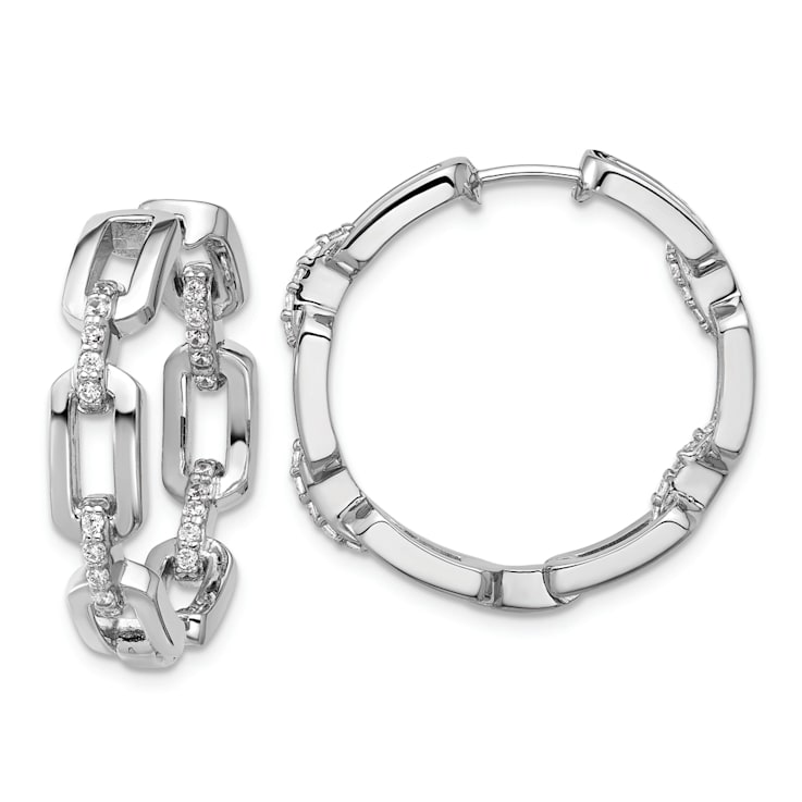 Rhodium Over Sterling Silver Cubic Zirconia Link In/Out Hinged Round
Hoop Earrings