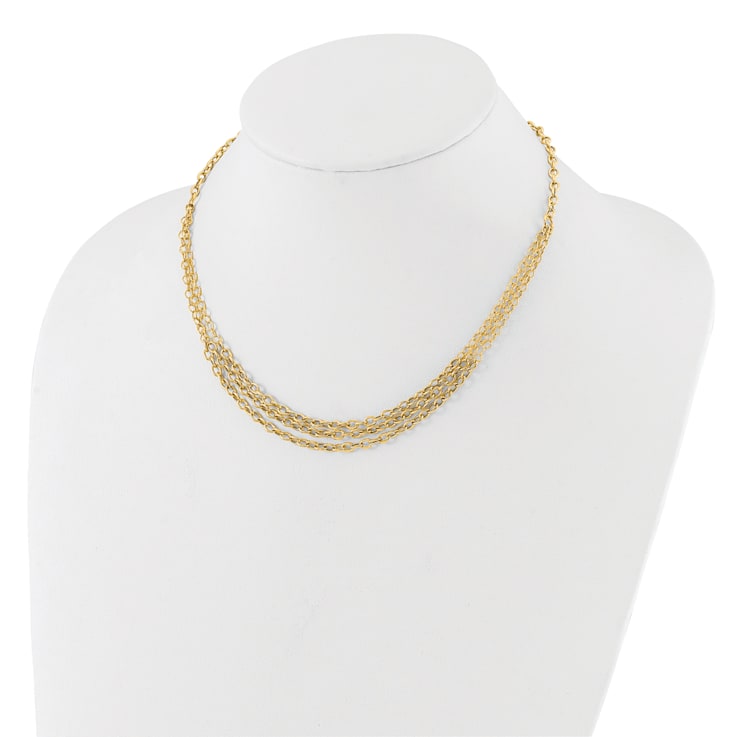 14K Yellow Gold Polished and Textured Fancy 3 Layer Cable Necklace