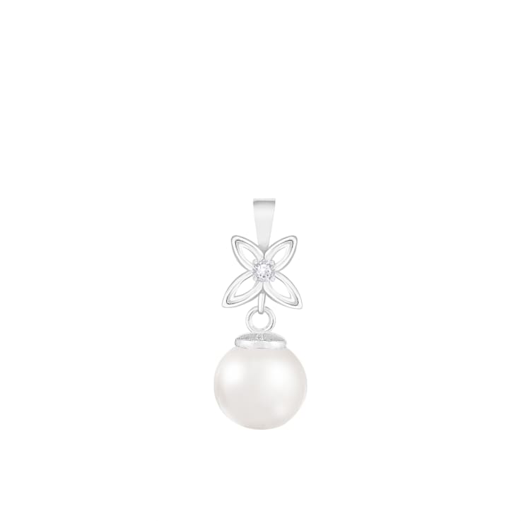 White Cultured Freshwater Pearl and Diamond 14K White Gold Pendant 7-7.5mm