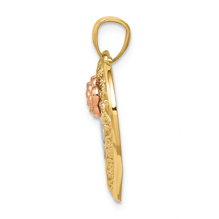 14K Tri-color Gold Diamond-Cut MOM in Heart with Rose Pendant