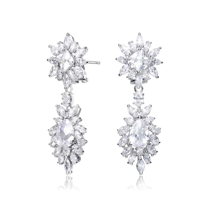 Oval CZ Double Halo Cluster Dangle Earrings In Sterling Silver