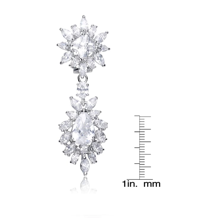 Oval CZ Double Halo Cluster Dangle Earrings In Sterling Silver