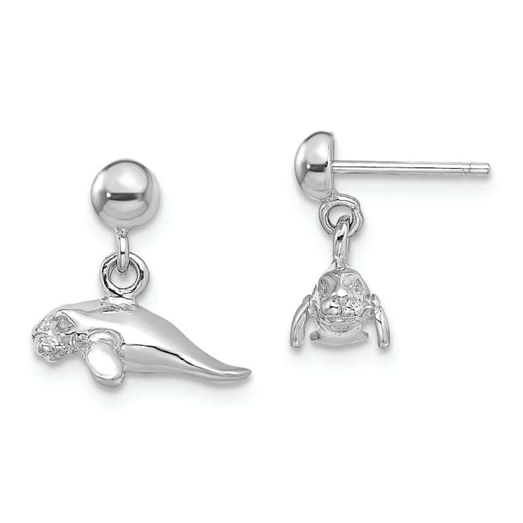 Rhodium Over 14k White Gold 3D Polished Mini Manatee Dangle Earrings