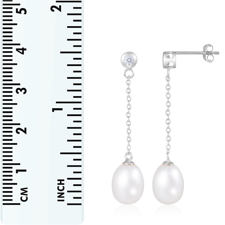 7-7.5mm White Cultured Freshwater Pearl and Cubic Zirconia Rhodium Over
Sterling Silver Earrings