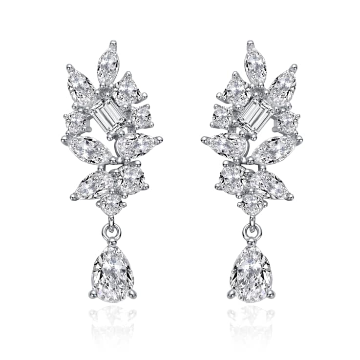 Marquise And Pear Shape CZ Cluster Drop Earrings In White Gold Over Brass