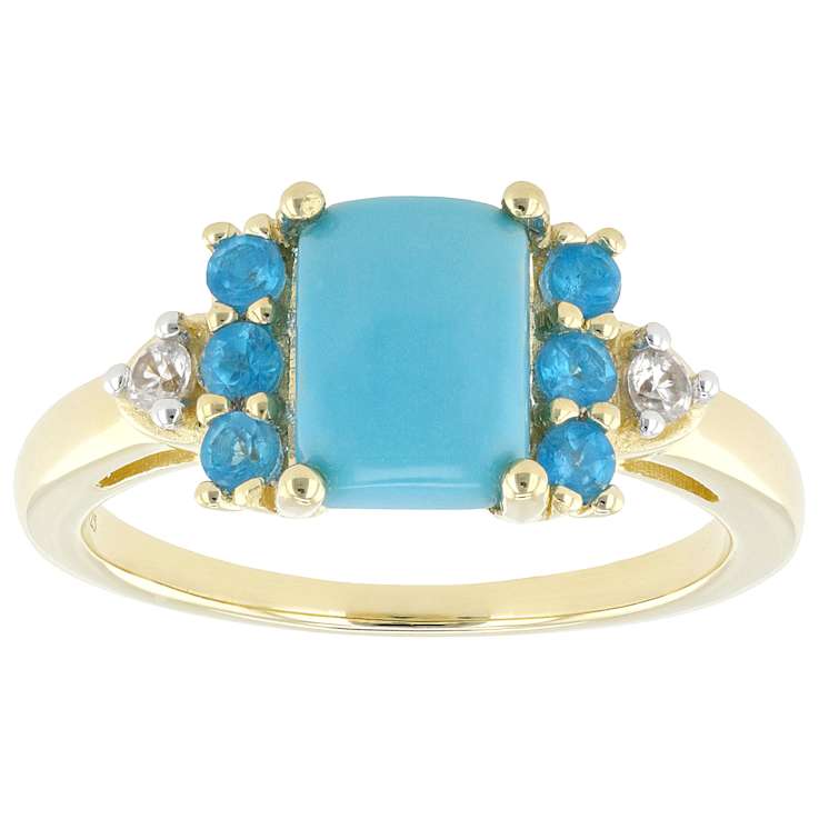 Turquoise, Neon Apatite And White Zircon Ring In 18K Gold Over Sterling
Silver 0.40ctw