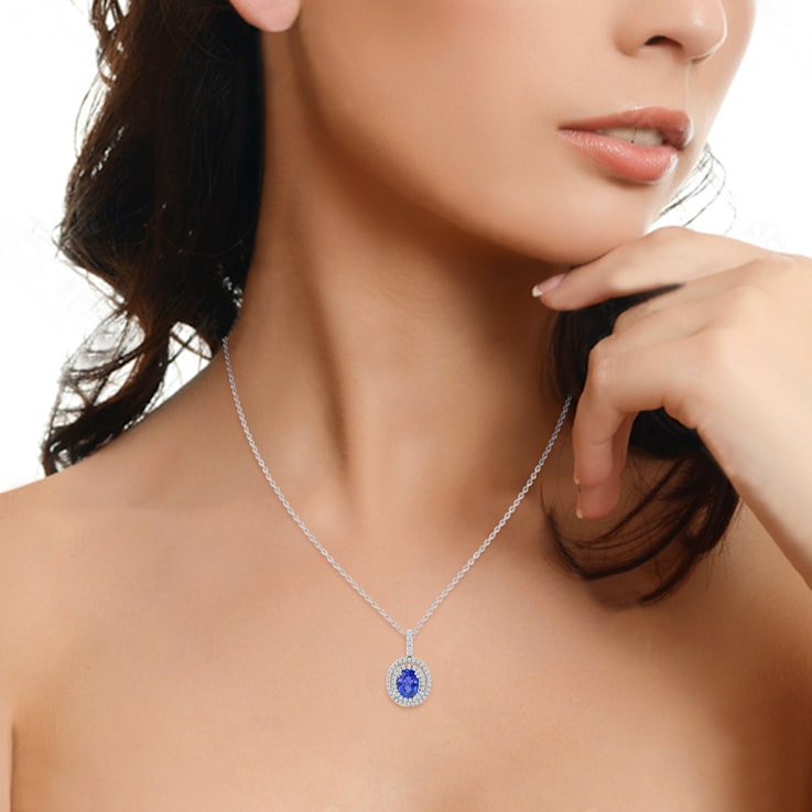 14K White Gold Oval Tanzanite and Diamond Pendant 2.02ctw