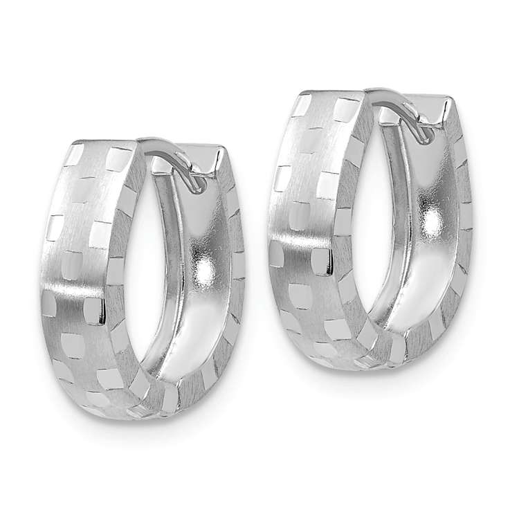 Rhodium Over 14k White Gold 9/16" Diamond-Cut Patterned Hinged Hoop Earrings