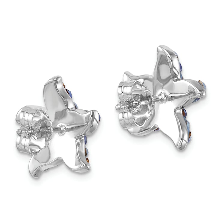 Rhodium Over Sterling Silver Polished Blue Crystal Starfish Post Earrings