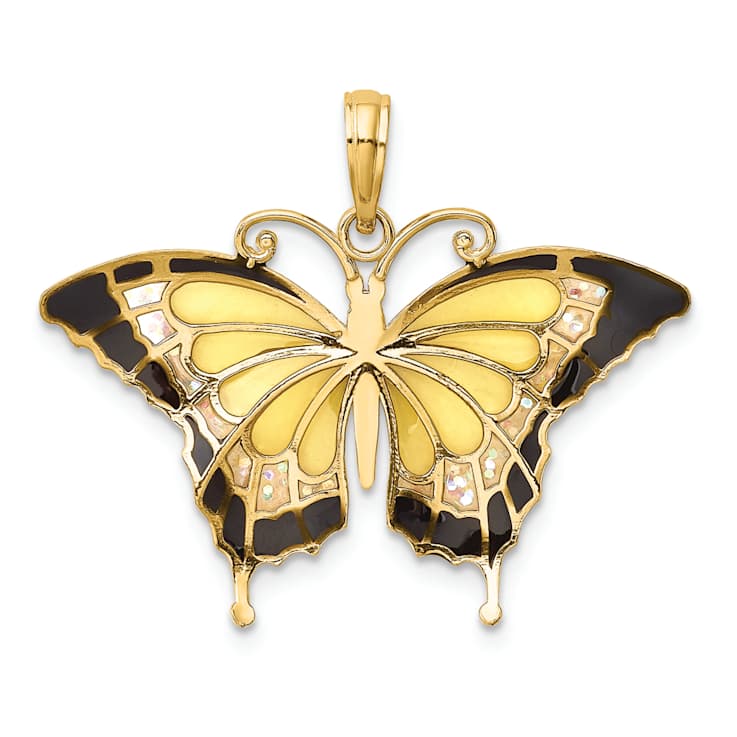 14k Yellow Gold Multi-Color Enameled Butterfly Pendant