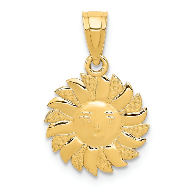 14k Yellow Gold Polished and Textured Sun with Face Pendant