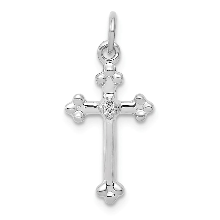 Rhodium Over 14K White Gold Small Diamond Budded Cross Pendant