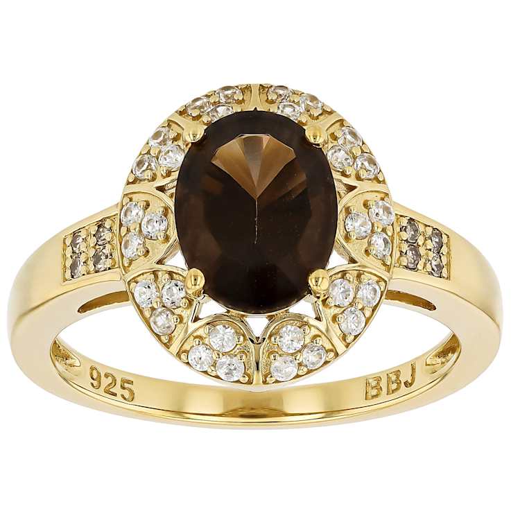 Smoky Quartz, Champagne Diamond And White Zircon Ring In 18K Gold Over
Sterling Silver 1.80ctw