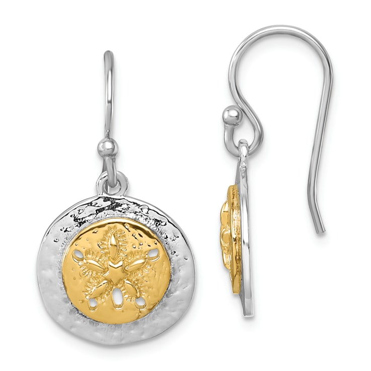 Rhodium Over Sterling Silver Two-tone Textured Sand Dollar Dangle Earrings
