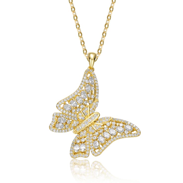 CZ Butterfly Pendant Necklace In 14K Gold Over Brass