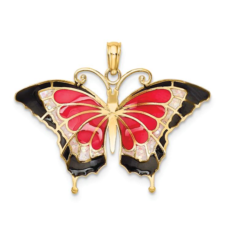14k Yellow Gold Multi-Colored Enameled Butterfly Pendant