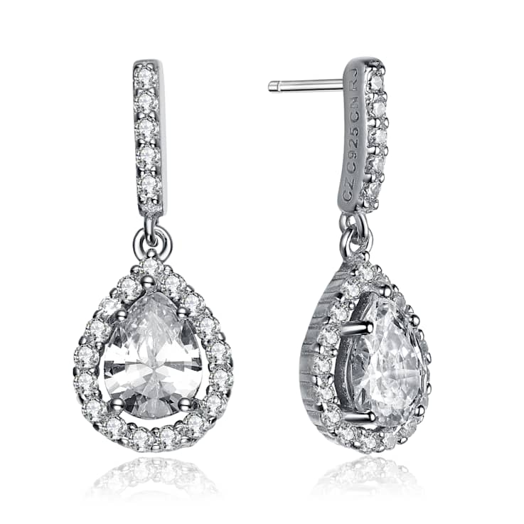 CZ Teardrop Halo Drop Earrings In Sterling Silver