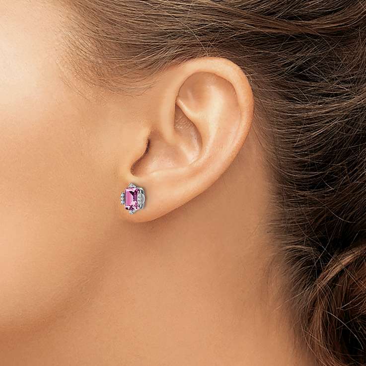 Rhodium Over 14K White Gold Emerald Shape Lab Created Pink
Sapphire/Diamond Earrings