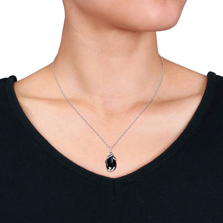 Black Onyx & Diamond 10K White Gold Pendant With Chain 9.20ctw
