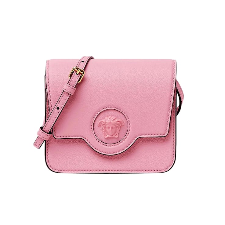 Versace La Medusa Logo Plaque Pink Pebbled Leather Crossbody