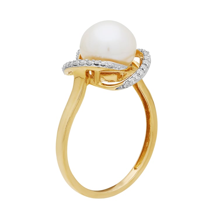 8mm Round White Freshwater Pearl and 0.13ctw Diamond 10K Yellow Gold
Swirl Halo Ring