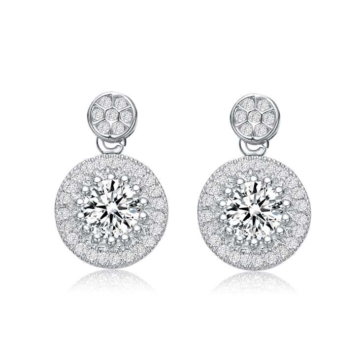 CZ Halo Drop Earrings In Sterling Silver