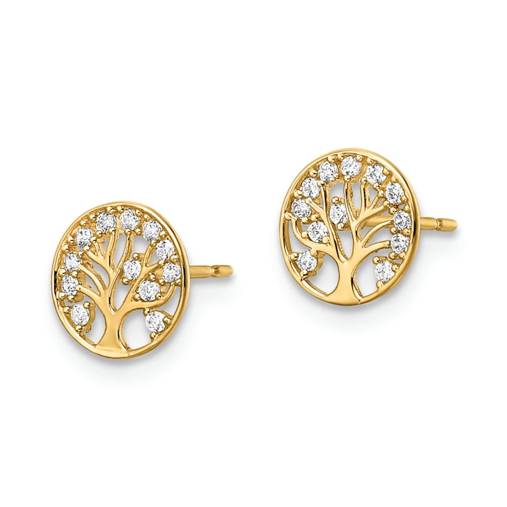 14k Yellow Gold 7.5mm Cubic Zirconia Tree of Life Stud Earrings