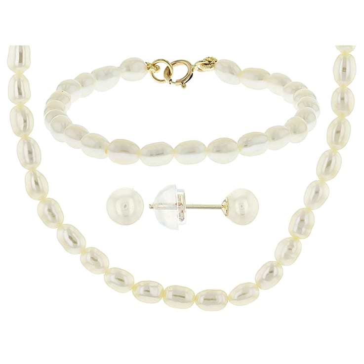 14k Yellow Gold Childrens White Cultured Freshwater Pearl Set
