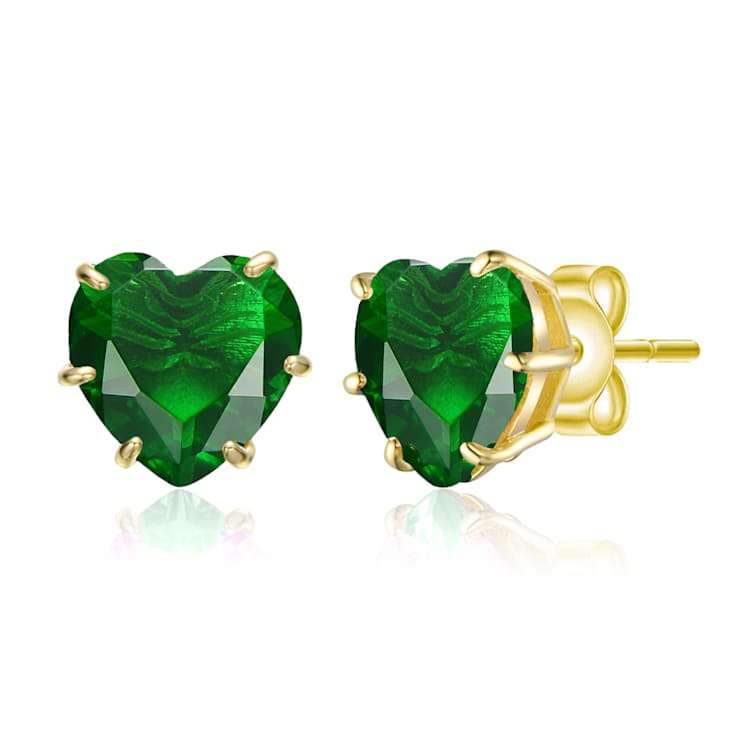 Heart-Shaped Emerald Color CZ Stud Earrings In 14K Gold Over Brass
