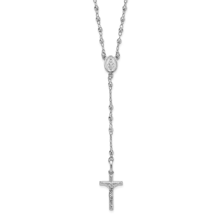 Rhodium Over 14K White Gold Polished Faceted Beads Rosary 18-inch Necklace
