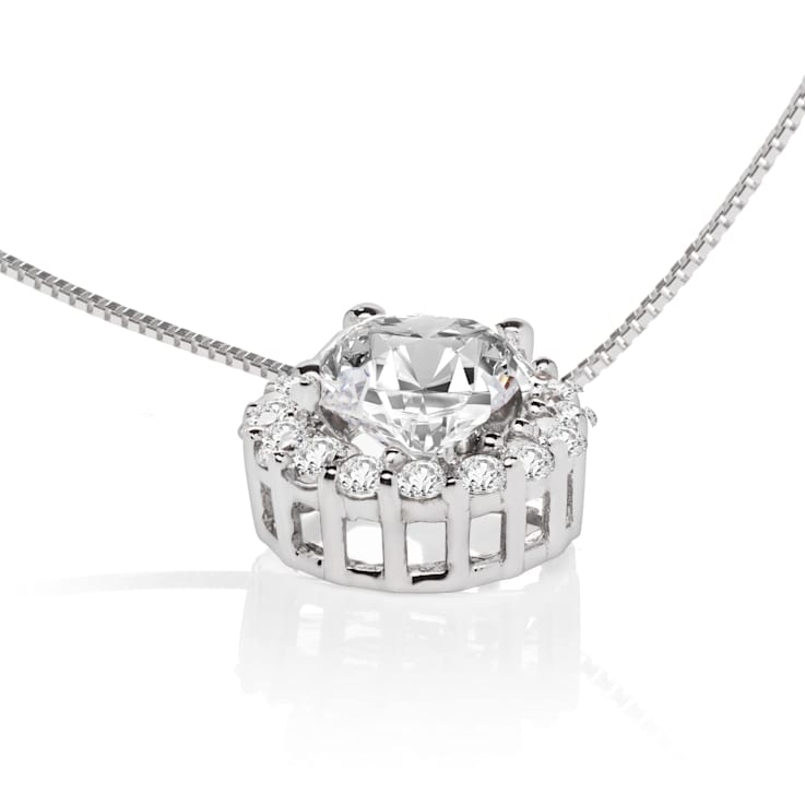 14K White Gold Necklace Round HaloCubic Zirconia Solitaire1.25CTW 16
Inch .60mm Box Link Chain