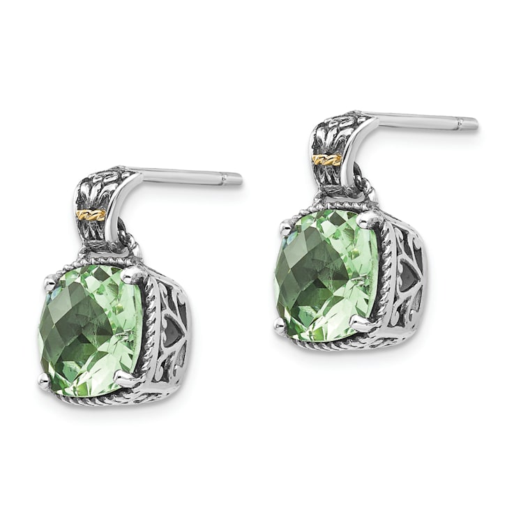 Sterling Silver Antiqued with 14K Accent Prasiolite Earrings