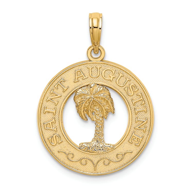 14k Yellow Gold Textured Saint Augustine with Palm Tree Circle Charm