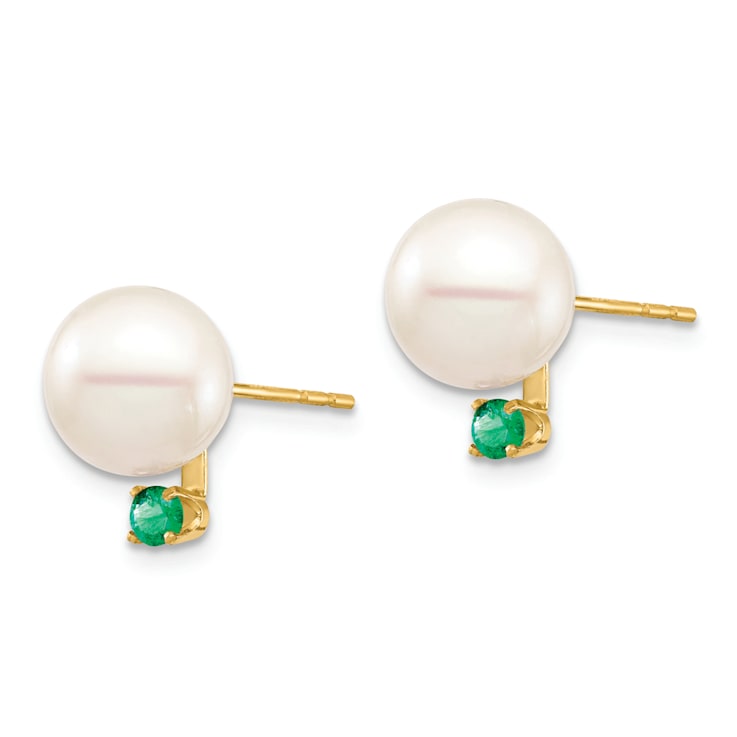 14K Yellow Gold 8-8.5mm White Round Freshwater Cultured Pearl Emerald
Post Earrings