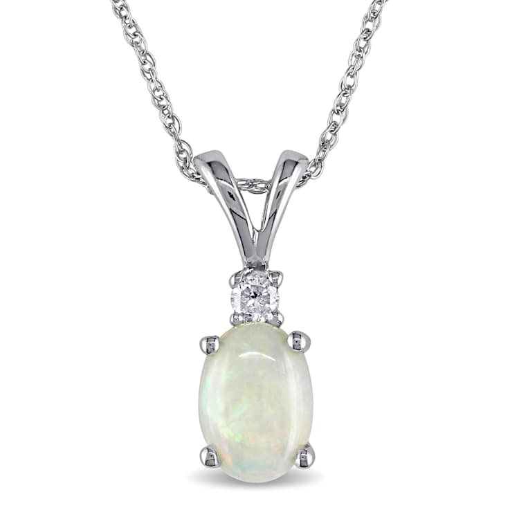 Opal & Diamond 10K White Gold Pendant With Chain 0.49ctw