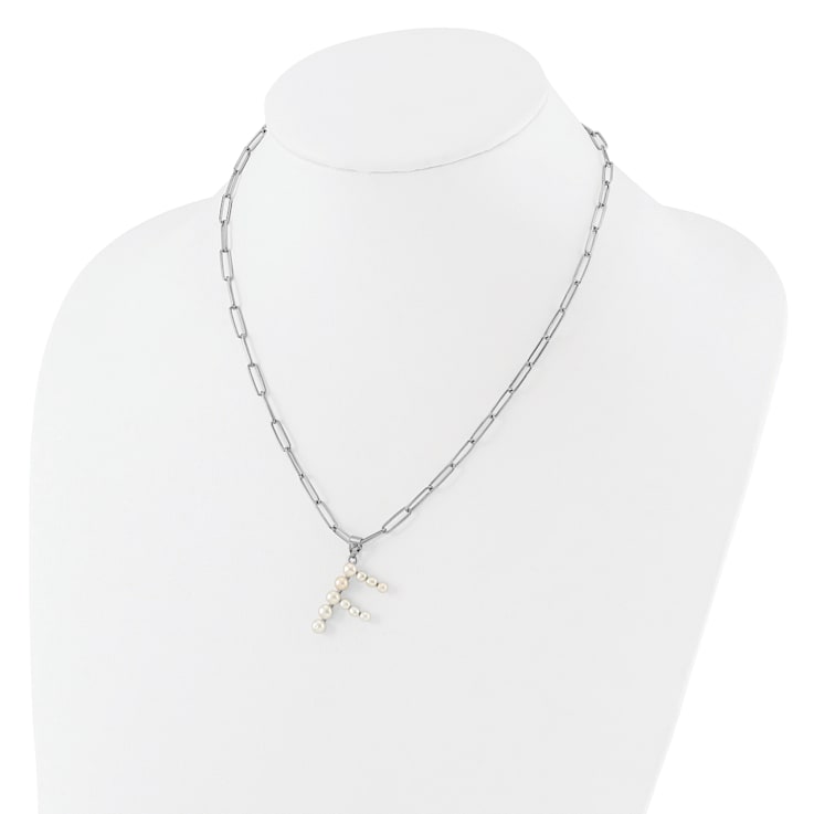Rhodium Over Sterling Silver 3-5.5mm Freshwater Cultured Pearl LETTER F
18-inch Necklace