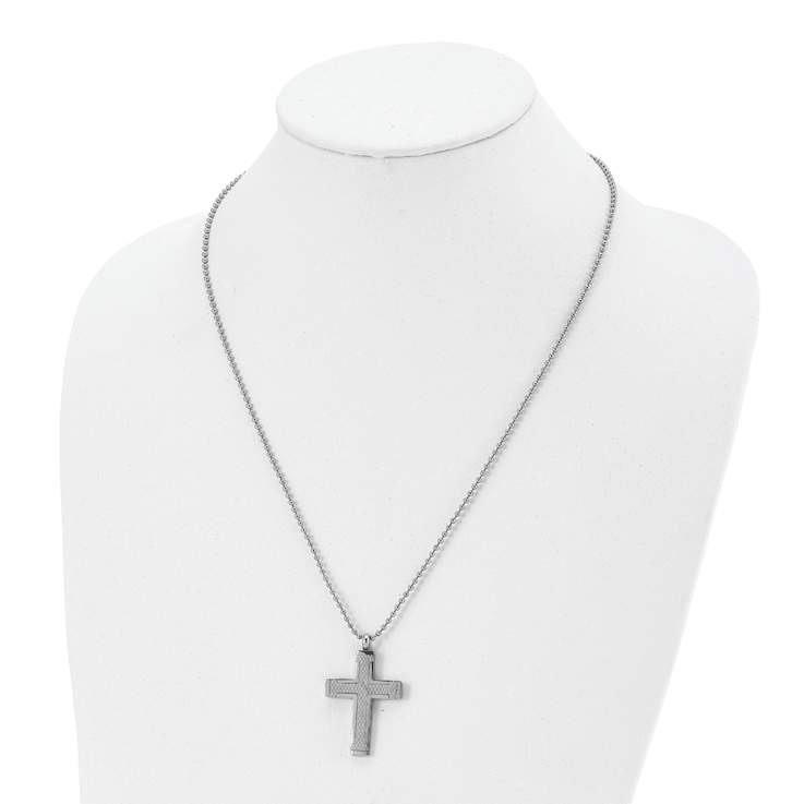 Titanium Polished Laser Cut Cross Pendant with 22 Inch Ball Chain